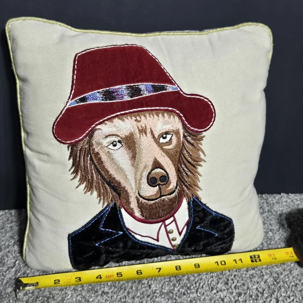 Pier 1 Embroidered Throw Pillow Dog In Suit Hat 13